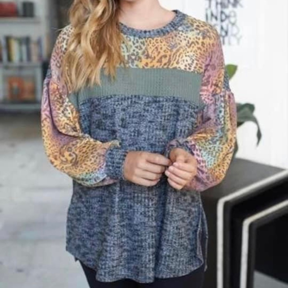 White Birch MultiColor Leopard Navy Waffle Knit